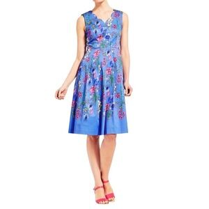 RSVP by Talbots Blue Floral Scalloped V-Neck Fit Flare Dress Size 12 CN2806